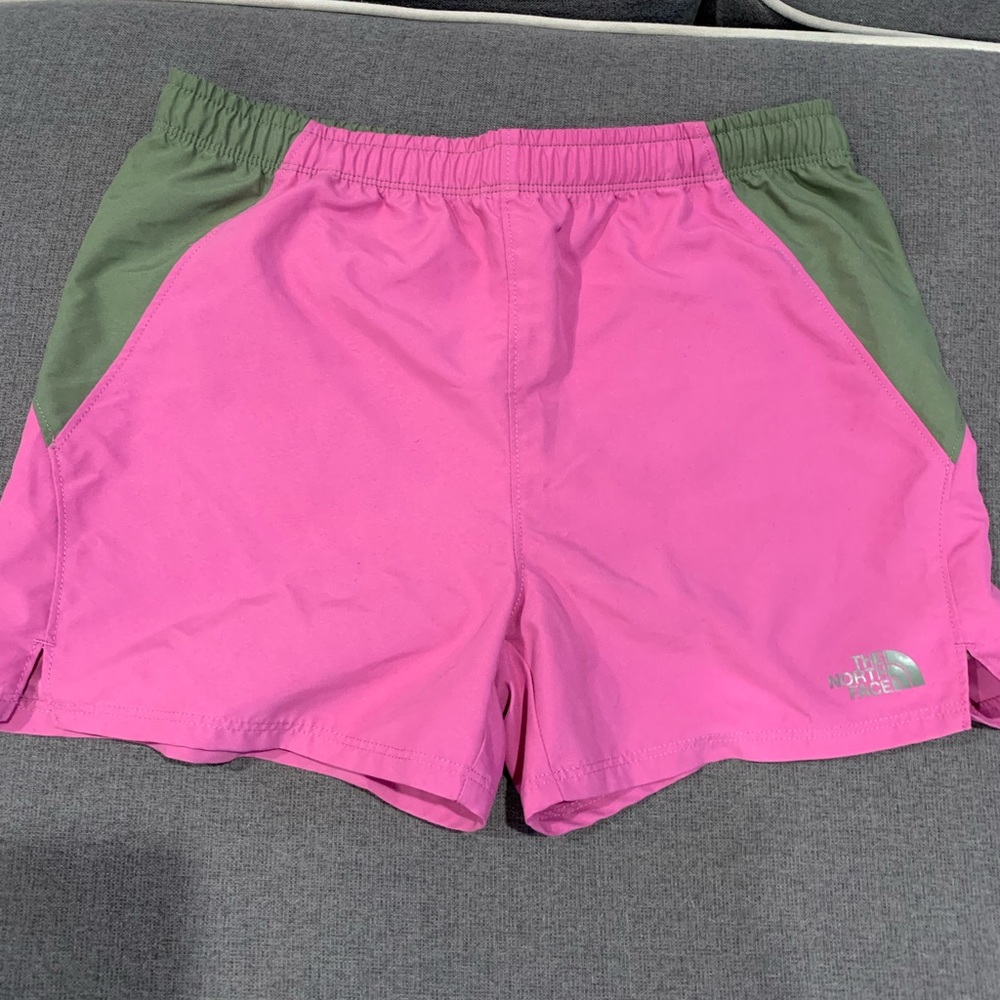 Girls north face pink and green shorts